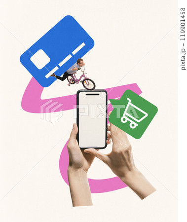 Businessman on bicycle with smartphone and credit card icon, symbolizing of online transactions and e-commerce. Contemporary art collage. 119901458