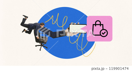 Businessman in playful pose, reaching towards smartphone with shopping bag icon. E-commerce and digital engagement. Contemporary art collage. Businessman in playful pose, reaching towards smartphone with shopping bag icon. E-commerce and digital engagement. Contemporary art collage. 119901474