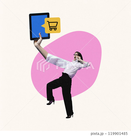 Woman holding tablet with shopping cart icon and making online order. Modern shopping and digital interactions in e-commerce. Contemporary art collage. Woman holding tablet with shopping cart icon and making online order. Modern shopping and digital interactions in e-commerce. Contemporary art collage. 119901485
