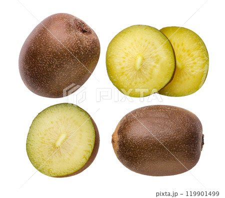 Set of golden kiwi, half and slices on white background. Top view Set of golden kiwi, half and slices on white background. Top view 119901499