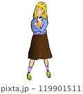 A schoolgirl girl in a brown skirt and a blue sweater holds a cat in her heels. Vector illustration 119901511
