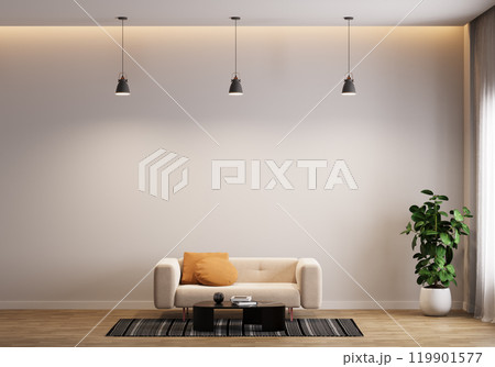 Minimalist Living Room with Beige Sofa and Pendant Lights Minimalist Living Room with Beige Sofa and Pendant Lights 119901577