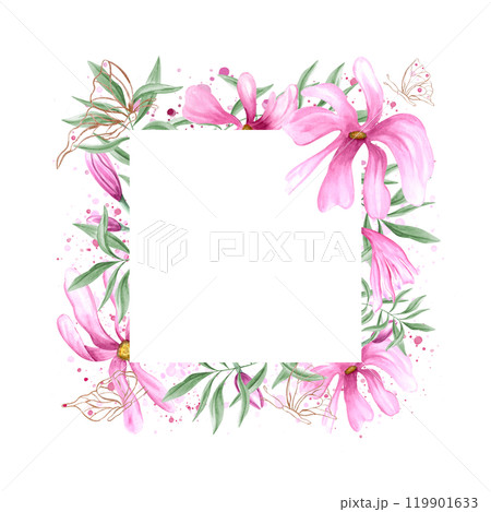 Abstract blooming pink flowers, green eucalyptus, fluttering golden contour butterflies on watercolor splashes horizontal frame. Magnolia flowers illustration with copy space for text. For invitation Abstract blooming pink flowers, green eucalyptus, fluttering golden contour butterflies on watercolor splashes horizontal frame. Magnolia flowers illustration with copy space for text. For invitation 119901633