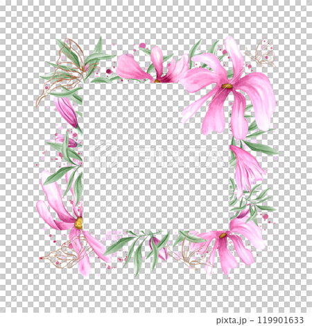 Abstract blooming pink flowers, green eucalyptus, fluttering golden contour butterflies on watercolor splashes horizontal frame. Magnolia flowers illustration with copy space for text. For invitation Abstract blooming pink flowers, green eucalyptus, fluttering golden contour butterflies on watercolor splashes horizontal frame. Magnolia flowers illustration with copy space for text. For invitation 119901633