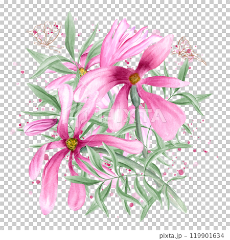 Abstract pink magnolia, green eucalyptus leaves and fluttering golden contour butterflies illustration on watercolor splashes. Delicate hand drawn wild flowers composition/ For wedding, valentine day. 119901634
