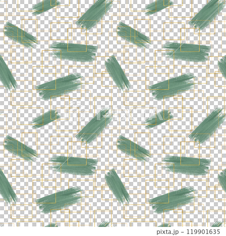 Dusty green watercolor brushstrokes on background of golden intertwined outline frames seamless hand drawn pattern. Abstract rectangle texture splash and gold decor illustration. For textile, wrapping 119901635