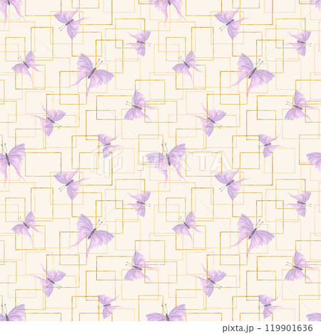 Watercolor fluttering pink butterflies, golden intertwined outline frames hand painted seamless pattern on soft cream background. Abstract flying insects and gold decor texture. For textile, wrapping. 119901636