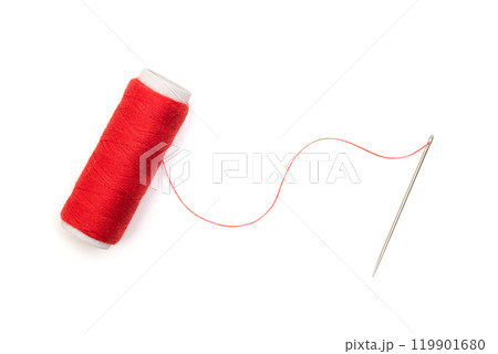 Sewing needle with red thread isolated on white, top view 119901680
