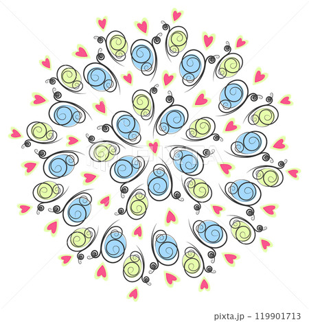 Stylized Butterflies with spots in trendy soft green and blue and decorative hearts Round backdrop Stylized Butterflies with spots in trendy soft green and blue and decorative hearts Round backdrop 119901713