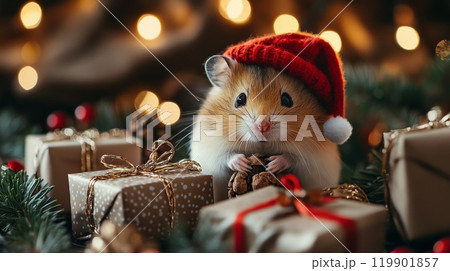 A hamster wearing a red Christmas hat, sitting beside miniature wrapped presents and pine branches 119901857