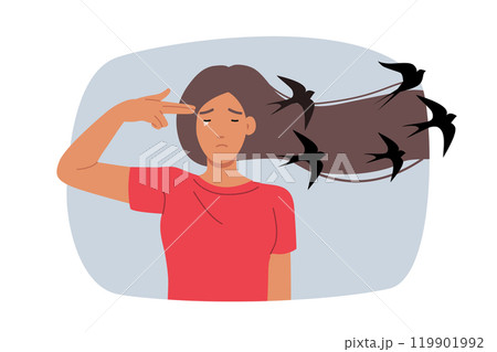 Depressed woman wants to commit suicide because of problems, makes gesture of gun near head Depressed woman wants to commit suicide because of problems, makes gesture of gun near head 119901992