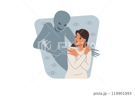 Defenseless woman hallucinates seeing ghost due to psychological disorder or schizophrenia 119901993