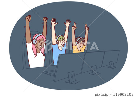 Team of teenagers esports or gamers have won multiplayer video game and are raising hands in triumph 119902105