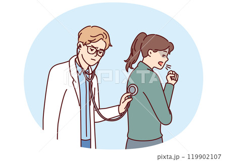 Doctor uses stethoscope examining coughing patient and auscultating woman suffering from flu 119902107