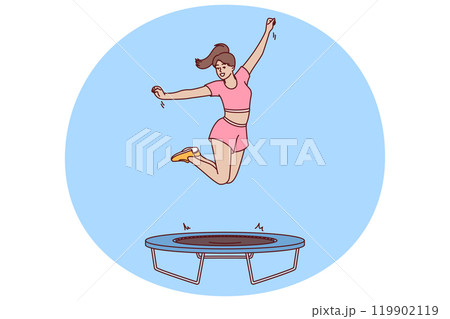 Woman fitness trainer jumps on trampoline teaching clients of sports club to do exercises correctly 119902119