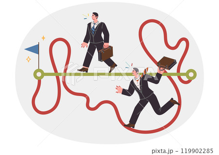 Business people achieve goal using different strategies, taking shortcuts or complicated paths 119902285