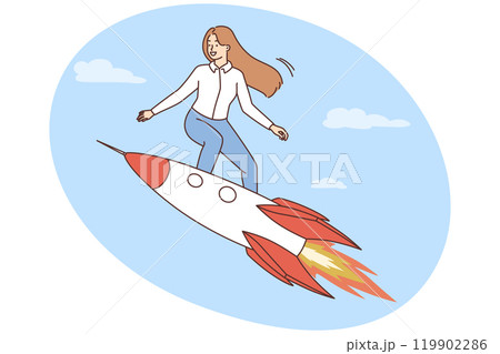 Motivated businesswoman fly on rocket 119902286