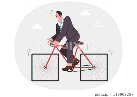 Strange business man on bicycle with square wheels, standing still due to incorrectly equipment 119902287