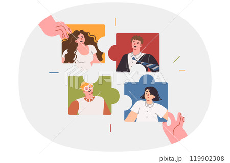Building family team from puzzles with portraits of children and parents, for intellectual quiz 119902308