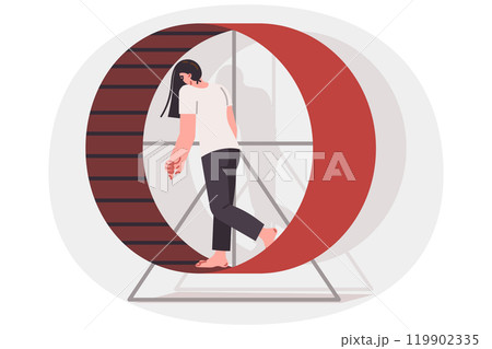 Tired woman walks on hamster wheel, feeling burnout and frustration due to overwork 119902335