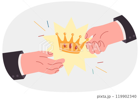 Hands of people with golden crown handing over trophy to winner of business competition Hands of people with golden crown handing over trophy to winner of business competition 119902340