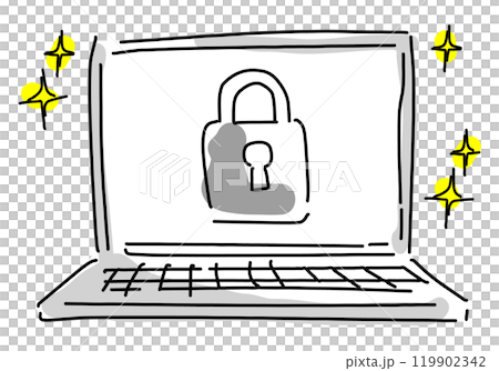 Rough hand-drawn line drawing of a secure PC Rough hand-drawn line drawing of a secure PC 119902342