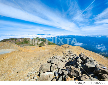 秋の御嶽山登山：剣ヶ峰から二ノ池方面の眺め 119902727