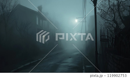 The Mysterious Foggy Street Set Within an Abandoned Cityscape Awaits Intriguing Discoveries 119902753