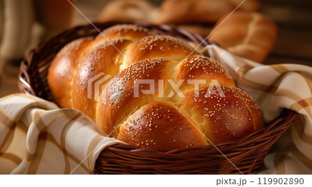 バスケットと布に包まれたふっくらパン 119902890