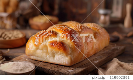 美味しそうな焼き立てふっくらパン 119902891