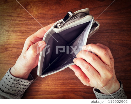 机の上で空っぽの財布を開ける高齢女性の手元 119902902