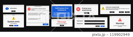 Set of error window messages in modern style. Warning notification pop up. Set of error window messages in modern style. Warning notification pop up. 119902949