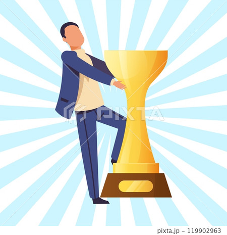 Businessman with winner prize. Man with golden cup, leader in competition or goal achieve. First place in sport. Happy character. Vector cartoon flat style isolated illustration concept Businessman with winner prize. Man with golden cup, leader in competition or goal achieve. First place in sport. Happy character. Vector cartoon flat style isolated illustration concept 119902963