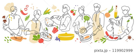 People cook. Food kitchen line art. Culinary chef logo or cafe poster. restaurant pattern. Man frying vegetables on stove. Woman cutting meat. Couple cooking together. Vector background 119902999