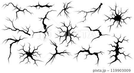 Broken wall. Rock crack texture effect, break ground or egg cleft. Earth logo split, black and white concrete rough destruction. Earthquake isolated silhouette. Damaged road. Vector flat set Broken wall. Rock crack texture effect, break ground or egg cleft. Earth logo split, black and white concrete rough destruction. Earthquake isolated silhouette. Damaged road. Vector flat set 119903009