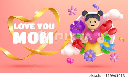 3D bouquet. Mother s Day card. Love mom. Cute render flowers. Happy smile. Girl hugging pink heart. Spring blossoms and clouds. Holiday festival. Paper miniature. Vector cartoon poster 3D bouquet. Mother s Day card. Love mom. Cute render flowers. Happy smile. Girl hugging pink heart. Spring blossoms and clouds. Holiday festival. Paper miniature. Vector cartoon poster 119903018