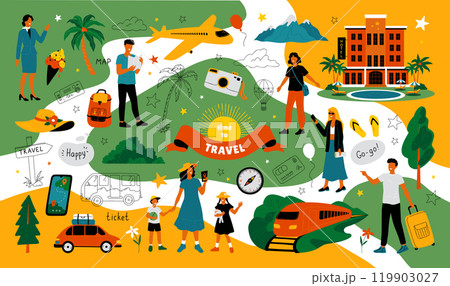 Airplane travel. Autumn journey by woman with suitcase and camera. Train or car trip. Happy couple. Summer or spring vacation. Resort hotel. Tourism and sightseeing. Vector banner design 119903027