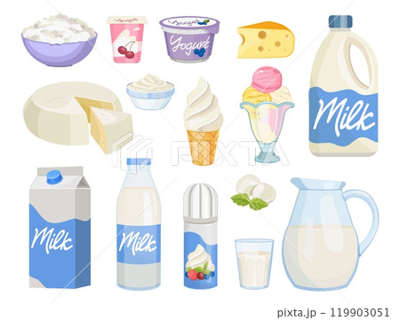 Milk and yogurt set. Dairy product bottle, cheese and cream, fresh butter and yoghurt in cup or glass. Gourmet farm dessert with sour cream. Healthy nutrition food. Vector icon isolated set 119903051