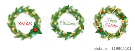 New year garland. 3d light gift, merry xmas wreath frame for happy noel card, ornament party banner. Realistic isolated elements. Botanical branch with lamps. Vector background template New year garland. 3d light gift, merry xmas wreath frame for happy noel card, ornament party banner. Realistic isolated elements. Botanical branch with lamps. Vector background template 119903101
