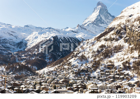 Snowy mountain Matterhorn during the day in winter. Zermatt, swiss alps Snowy mountain Matterhorn during the day in winter. Zermatt, swiss alps 119903209