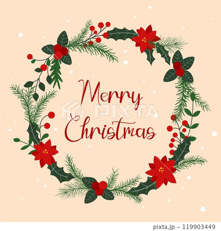 Merry Christmas round wreath with berries, foliage and holly 119903449