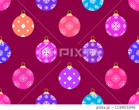 Seamless pattern with Christmas balls. Christmas ornaments, each ornament is decorated with snowflakes patterns. Xmas design for wrappers, covers, banners and posters. Vector illustration Seamless pattern with Christmas balls. Christmas ornaments, each ornament is decorated with snowflakes patterns. Xmas design for wrappers, covers, banners and posters. Vector illustration 119903846