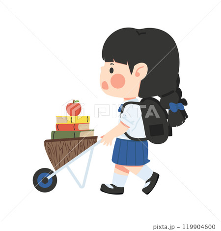 girl with backpack pushing a cart with books girl with backpack pushing a cart with books 119904600