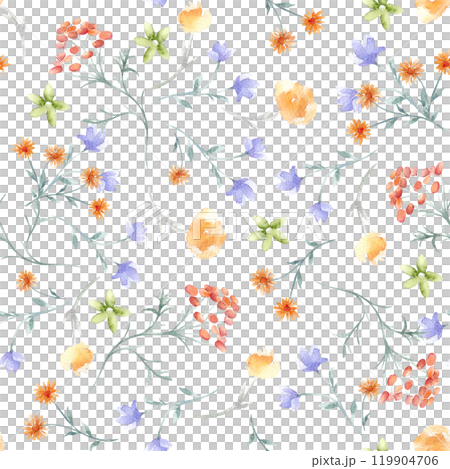 Delicate watercolor seamless pattern of flowers, herbs soft orange, blue colors isolated. Abstract meadow blooms on repeated texture hand painted. Simple botanical background for textile, paper. Delicate watercolor seamless pattern of flowers, herbs soft orange, blue colors isolated. Abstract meadow blooms on repeated texture hand painted. Simple botanical background for textile, paper. 119904706