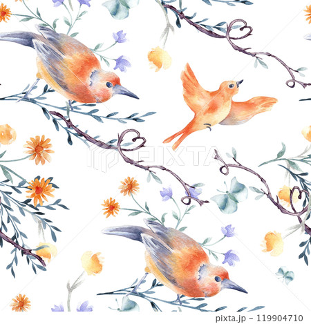 Birds, butterfly and twigs with hearts hand drawn watercolor seamless pattern isolated. Floral avian design textile in orange blue colors. Bird sketch on nature repeated background hand painted. 119904710