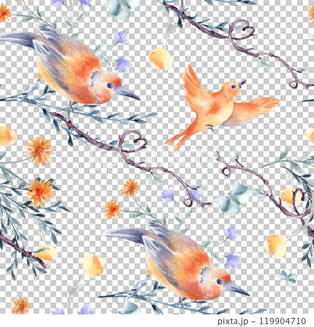Birds, butterfly and twigs with hearts hand drawn watercolor seamless pattern isolated. Floral avian design textile in orange blue colors. Bird sketch on nature repeated background hand painted. 119904710