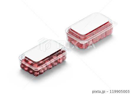 Blank transparent plastic box with raspberry and cherry mockup, isolated Blank transparent plastic box with raspberry and cherry mockup, isolated 119905003