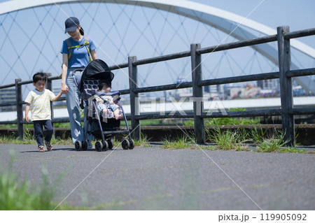 晴天の川沿いの公園でベビーカーで散歩するママと兄弟の親子(3人家族)の全身 手を繋ぐ春夏のお出かけ 晴天の川沿いの公園でベビーカーで散歩するママと兄弟の親子(3人家族)の全身 手を繋ぐ春夏のお出かけ 119905092