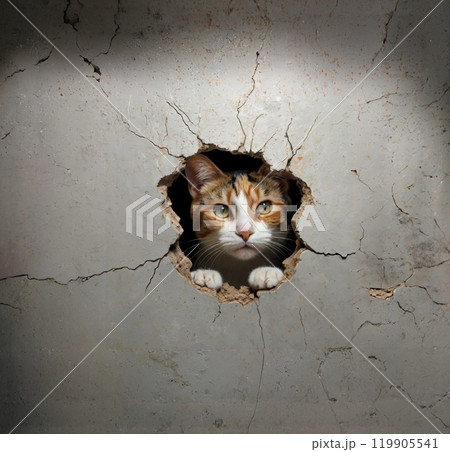 壁穴から覗いている可愛い三毛猫 119905541