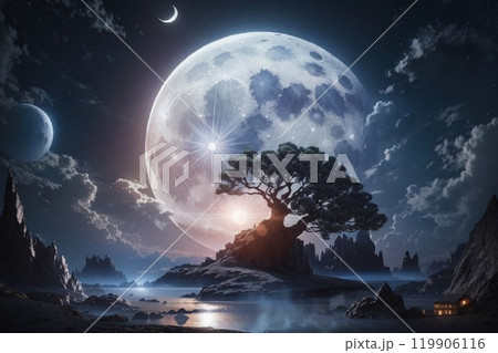 満月と青く輝く満月の下にある星空と夜空 119906116